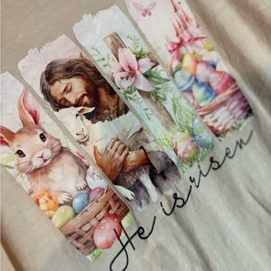 He Is Risen Easter Graphic Tee - Pastel Bunny & Eggs 2X Jesus Lamb of God